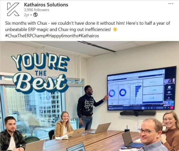 LinkedIn post from Kathairos Solutions celebrating six months with Chux